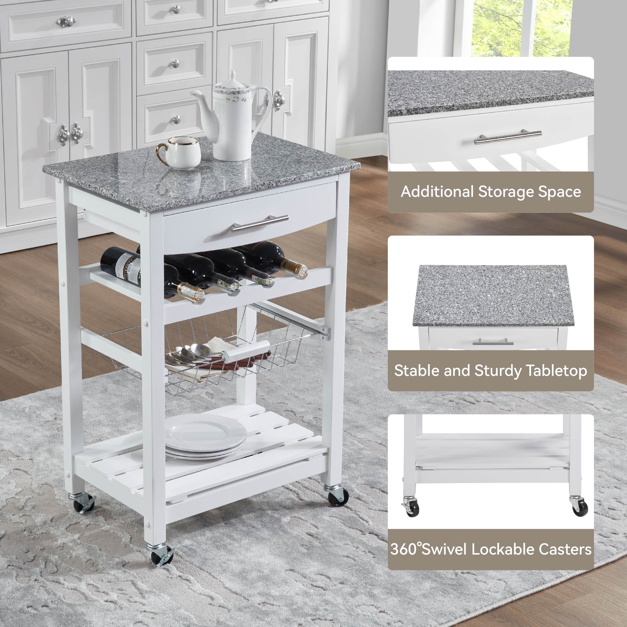Mobile Rolling Kitchen Island Trolley Serving Cart With Underneath Drawer & Slide-Out Wire Storage Basket_voghion.com